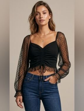 Altar'd State NWT Black Sheer Balloon Sleeve Top Size L